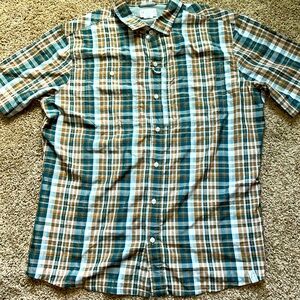 Vintage LL Bean Shirt Men L Green Plaid Fishing Camping Travel Short Sleeve